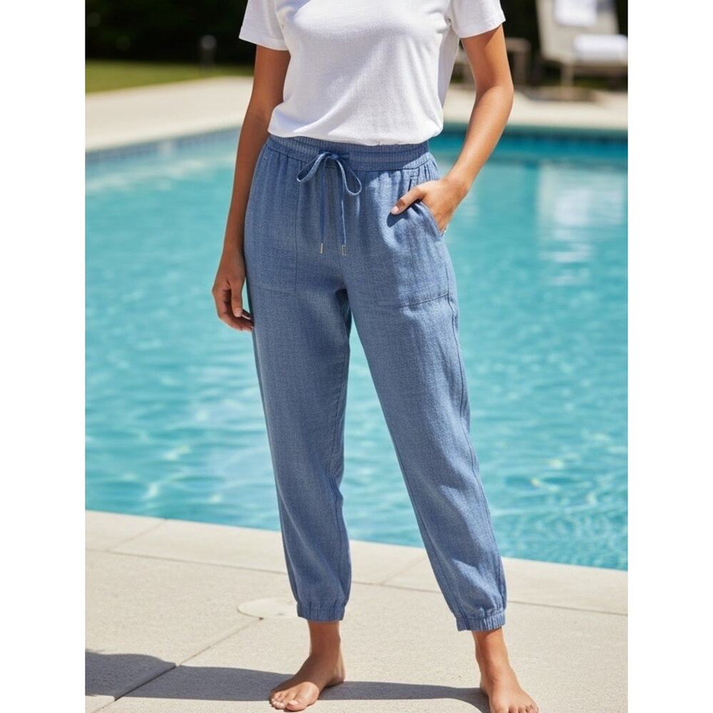 Athleta Retreat 100% Linen Chambray Athleisure Jogger Pants Preppy Comfort Sz 8
